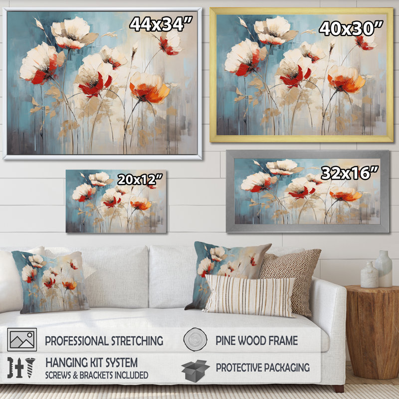 «Beige Poppy Meadow Melody I» sur toile, Cadre flottant noir, H 30 po x l 40 po x P 1,5 po