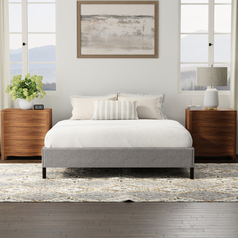 Base de lit rembourrée en noir et gris, conçue pour les configurations de matelas standard, installation simple, structure à taille de poids élevée, matelas A, offre un soutien solide, pratique