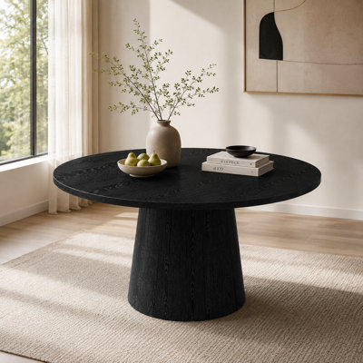 47 Inch Round Dining Table with Wood Strip Base, For Kitchen And Living Room, Black