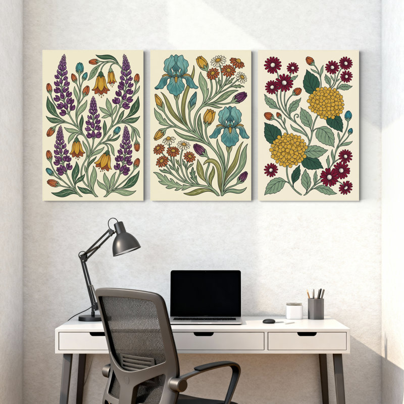 Plantes et fleurs, ensemble de 3 impressions sur toile, ensemble de 3 panneaux muraux, H 18 po x l 36 po