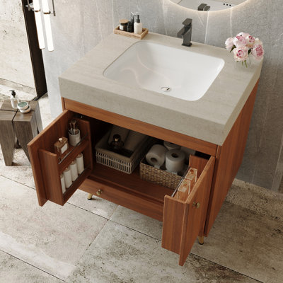 Meuble-lavabo autoportant de style Mid-Century avec comptoir en faux marbre et lavabo en céramique, armoire de rangement à double porte de 30 po, bois d'ingénierie imperméable, pieds dorés
