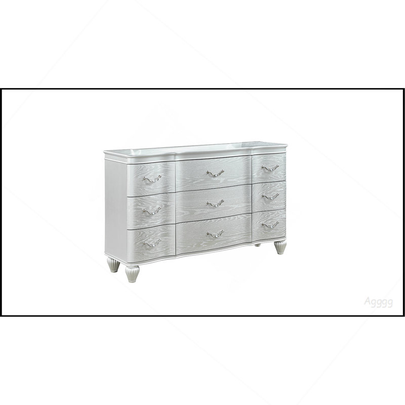 Commode 9 tiroirs Landmark Traditional avec poignées en métal en bois argenté