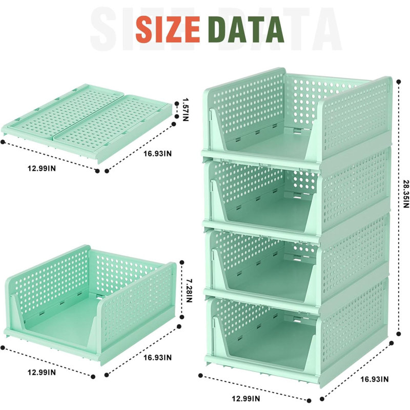 Organisateur de garde-robe, ensemble de 4 bacs de rangement empilables pour tablettes de garde-robe, organisateur de vêtements de basket-ball en plastique pour enfants (4L) (vert)