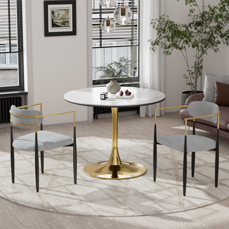 Ensemble de salle à manger à piédestal en marbre, 3 pièces: table, 2 chaises, Gris, H 28,7 po x l 31,5 po x P 31,5 po