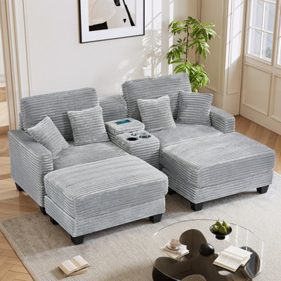 Upholstered Chaise Lounge Chairs Corduroy Double-Size Sofa With Console & USB Ports & 2 Cup Holders by Mercer41