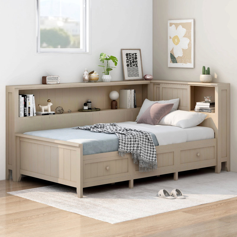 Wood Daybed With Storage Shelves And 3 Drawers, Antique White Milk, Twin