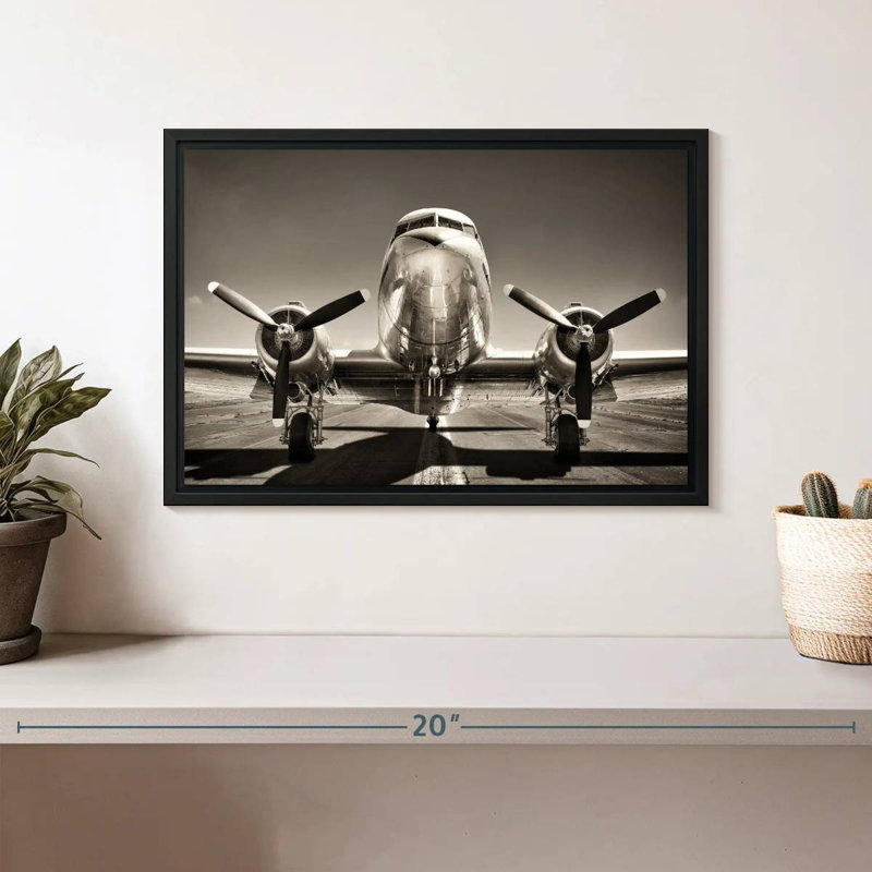 Avion rétro noir et blanc, Cadre flottant noir, 13 po x 9 po