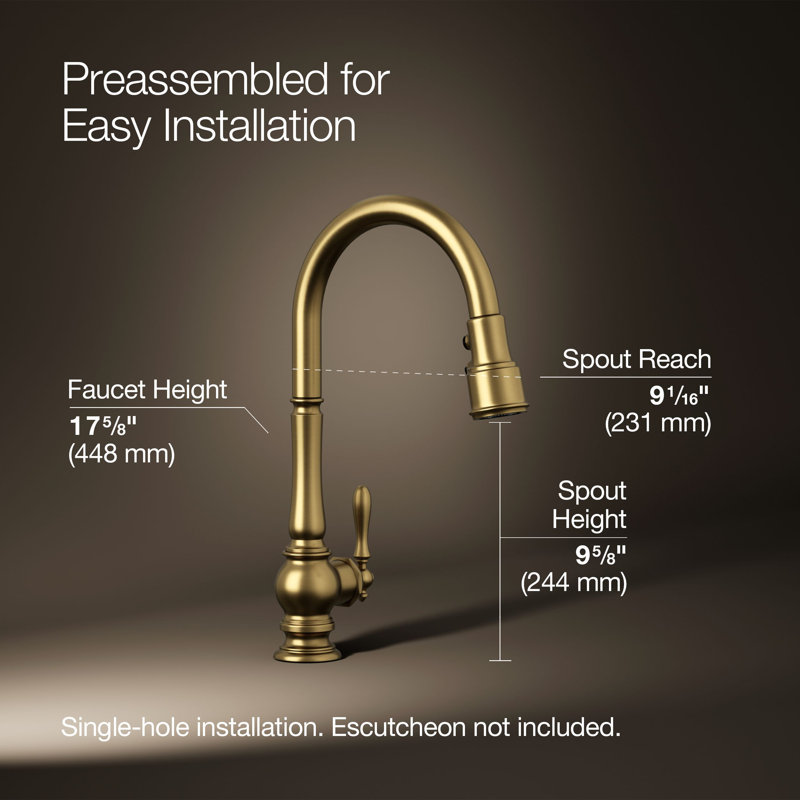 Artifacts® Pull Down Single Handle Kitchen Faucet, Vibrant Brushed Moderne Brass