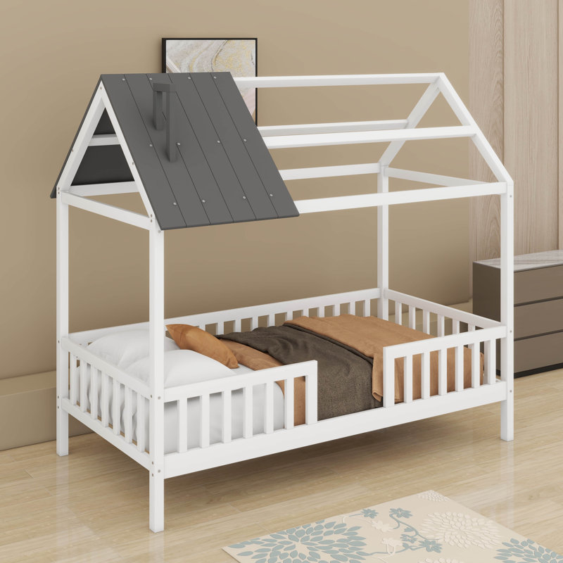 Twin Wood House Bed With Fence, White/Gray