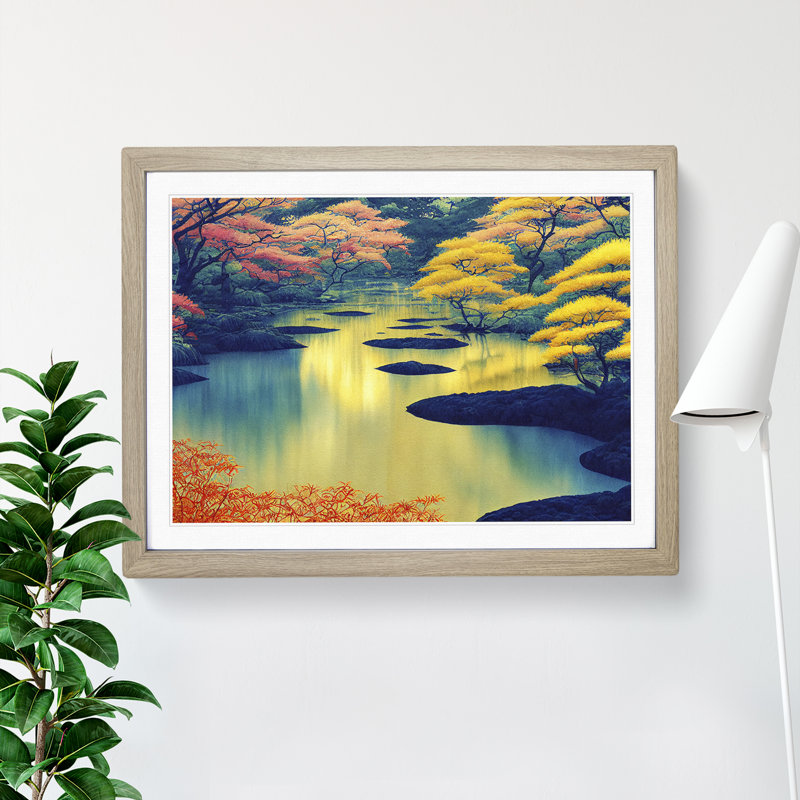 Colourful Japanese Forest - Painting, Oak Framed, 25cm H x 34cm W x 2cm D