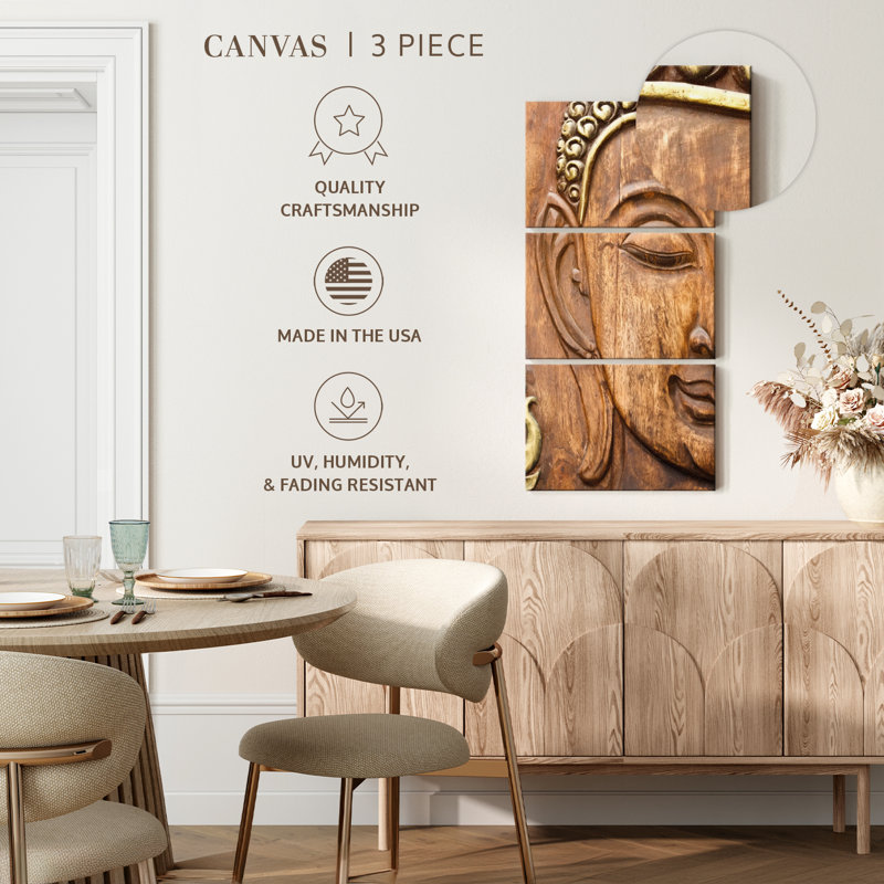 Bouddha en bois sculpté 3 pièces, H 80 po x l 39 po x P 1,25 po