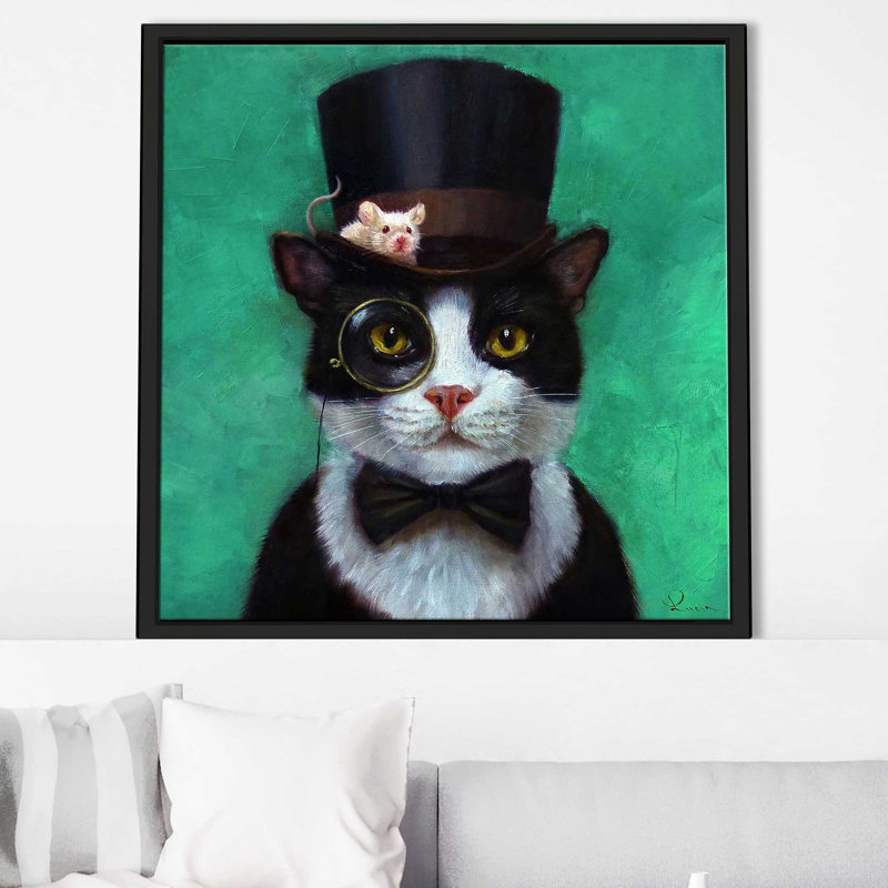 «Tuxedo Cat» par Lucia Heffernan - peinture, Cadre flottant noir, H 21,5 po x l 21,5 po x P 2 po