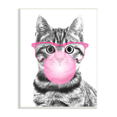 Adorable Cat Bubble Gum Pink Glasses Monochrome Illustration  Wall Plaque Art by Annalisa Latella