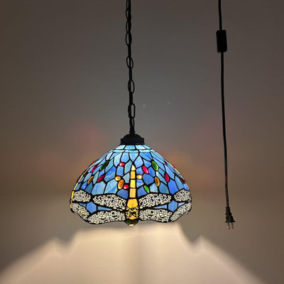 Luminaire suspendu en forme de libellule en verre coloré Tiffany DEL inclus l 12 po x P 12 po x H 60 po