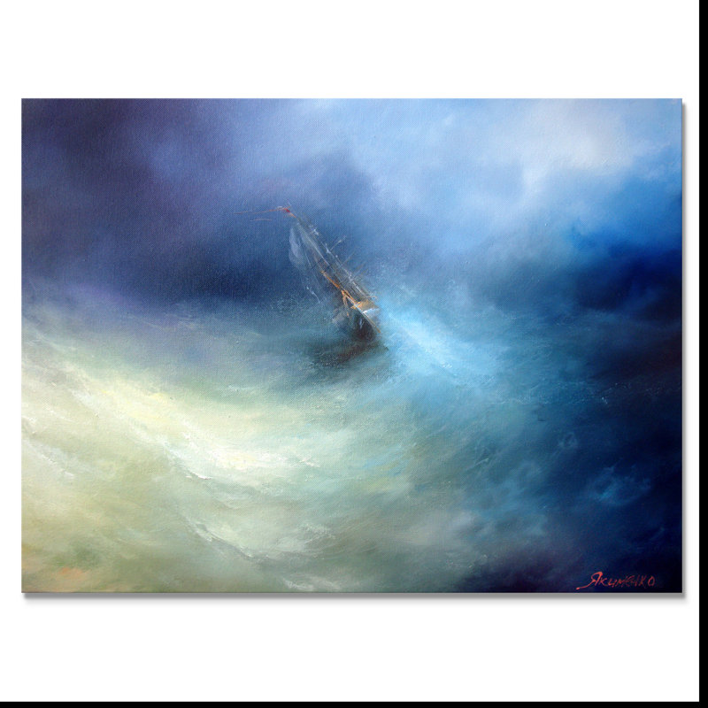 Tempête en mer abstraite - art mural nautique et côtier sur toile, H 34 po x l 44 po x P 1,5 po, Toile tendue