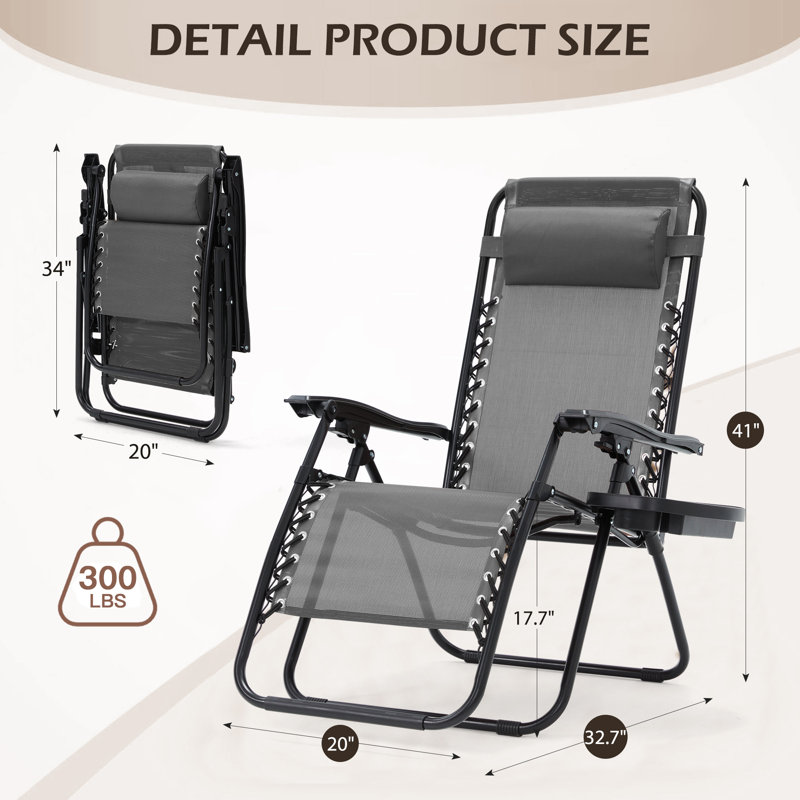 Ensemble de 2 chaises longues Zero Gravity, chaises de patio inclinables et pliantes avec porte-gobelet et appui-tête