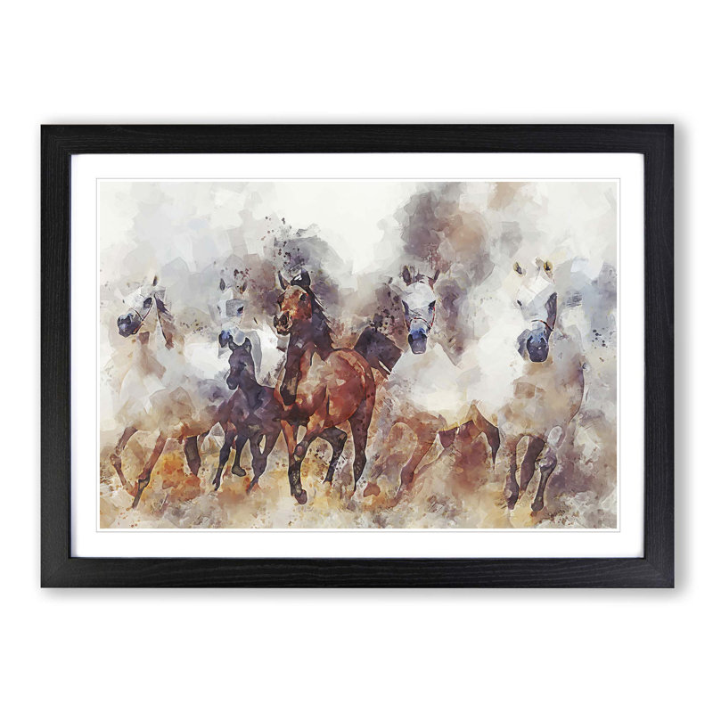 Galloping Horses in Abstract - Picture Frame Painting Print on MDF, 27cm H x 36cm W x 2cm D, Black Framed
