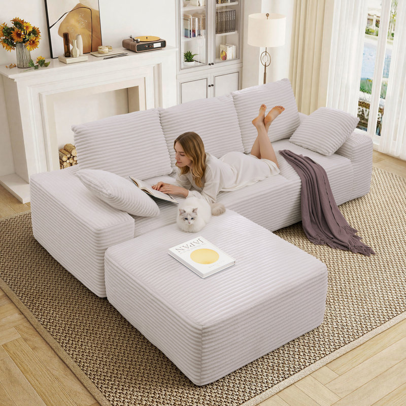 Canapé modulaire en L en velours côtelé avec repose-pieds de 103,5 po Boneless, Velours côtelé beige