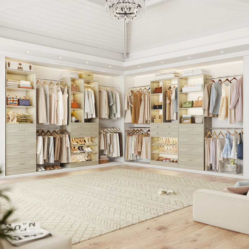 Closet System Set With 6 Drawers And 5 Hanging Rods, Washed Oak
