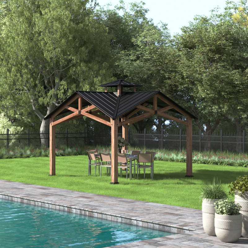 Sunjoy 12.5 ft Cedar Frame Gazebo with Black Steel Roof