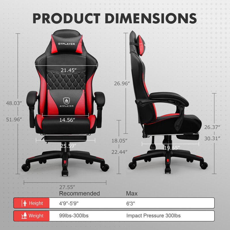 GTPLAYER GAMING CHAIR Adjustable Reclining Ergonomic Faux Leather Swiveling PC & Racing Game Chair, Red/Black