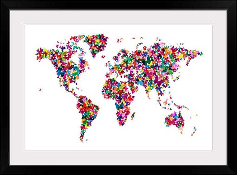 «World Map» par Francy, impression, H 28 po x l 38 po x P 1 po, Cadre noir