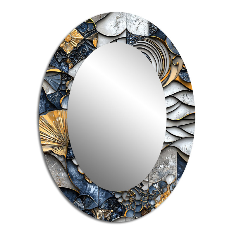 Carrelage abstrait bleu et gris II - Miroir mural moderne bleu ovale, 40 po x 30 po