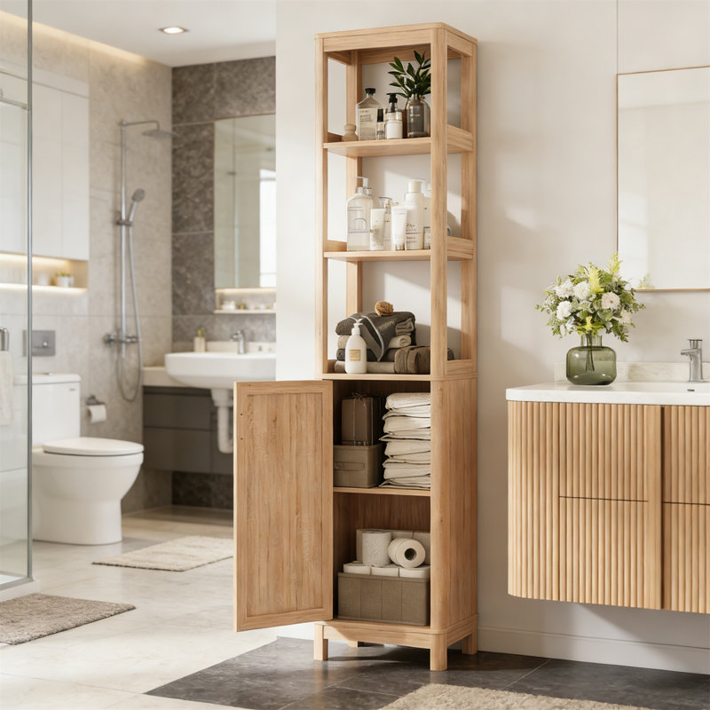 68" Tall Narrow Storage Cabinet With Adjustable Shelf And Door, Natural Oak
