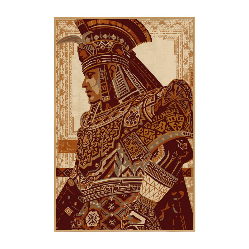 Tapis oriental brun lavable à la machine Cilegon Mayan Warrior - reliure brun clair, 7 x 9