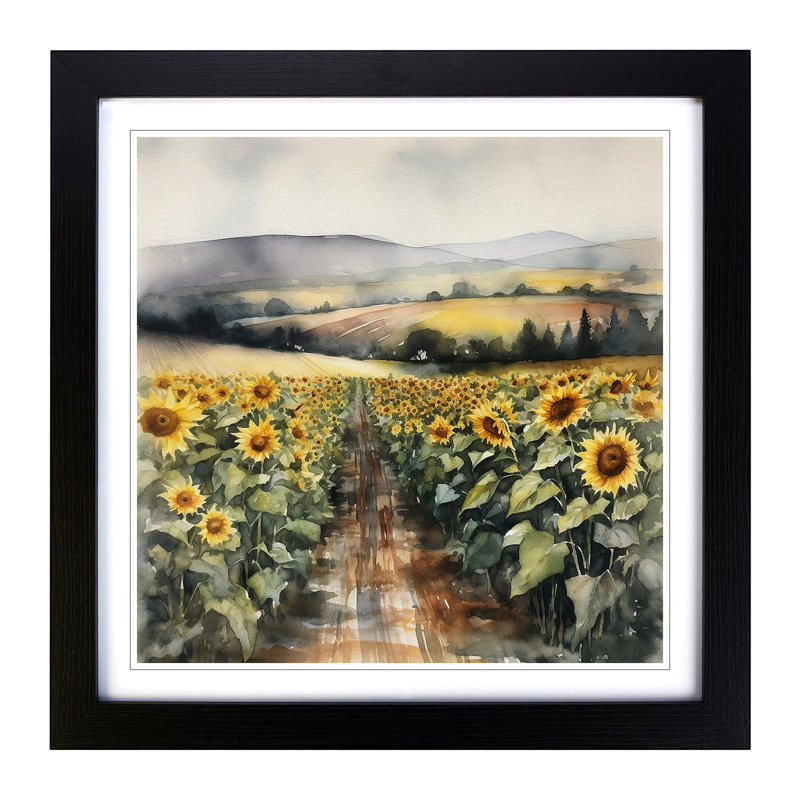 Sunflower Field Watercolour - Framed Print, Black
