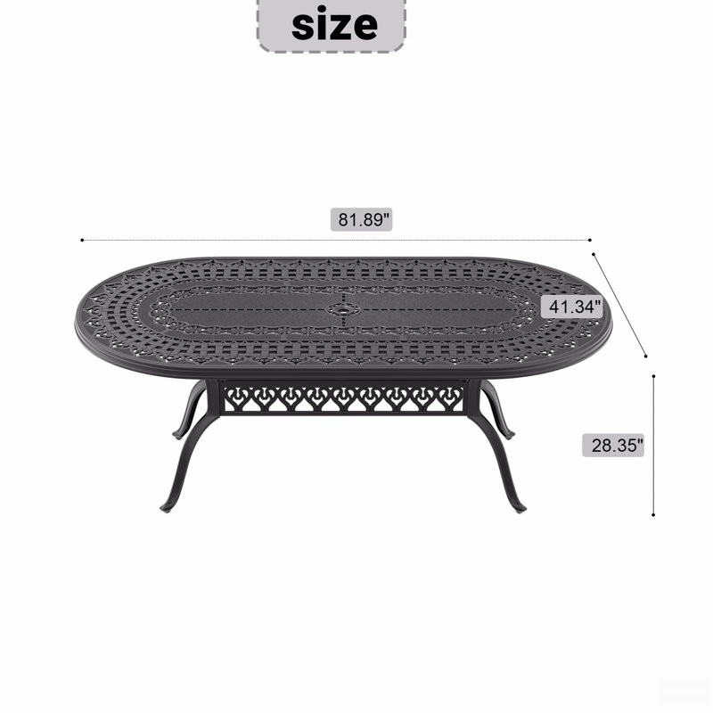 Table de salle à manger en fonte d'aluminium avec cadre noir et trou pour parasol