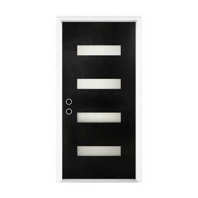 Portes extérieures modernes en PRV noir, 91 x 203 cm, verre givré, ouverture à droite vers l'intérieur