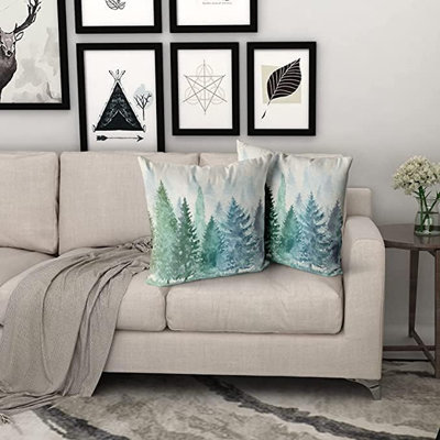 Housse de coussin en pin 20 x 20, ensemble de 2 coussins décoratifs à motif aquarelle bleu vert et vert