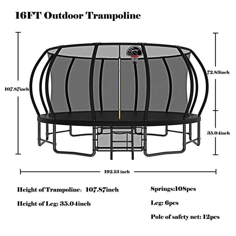 16FT Black Steel Trampoline with Safety Net and Basketball Hoop