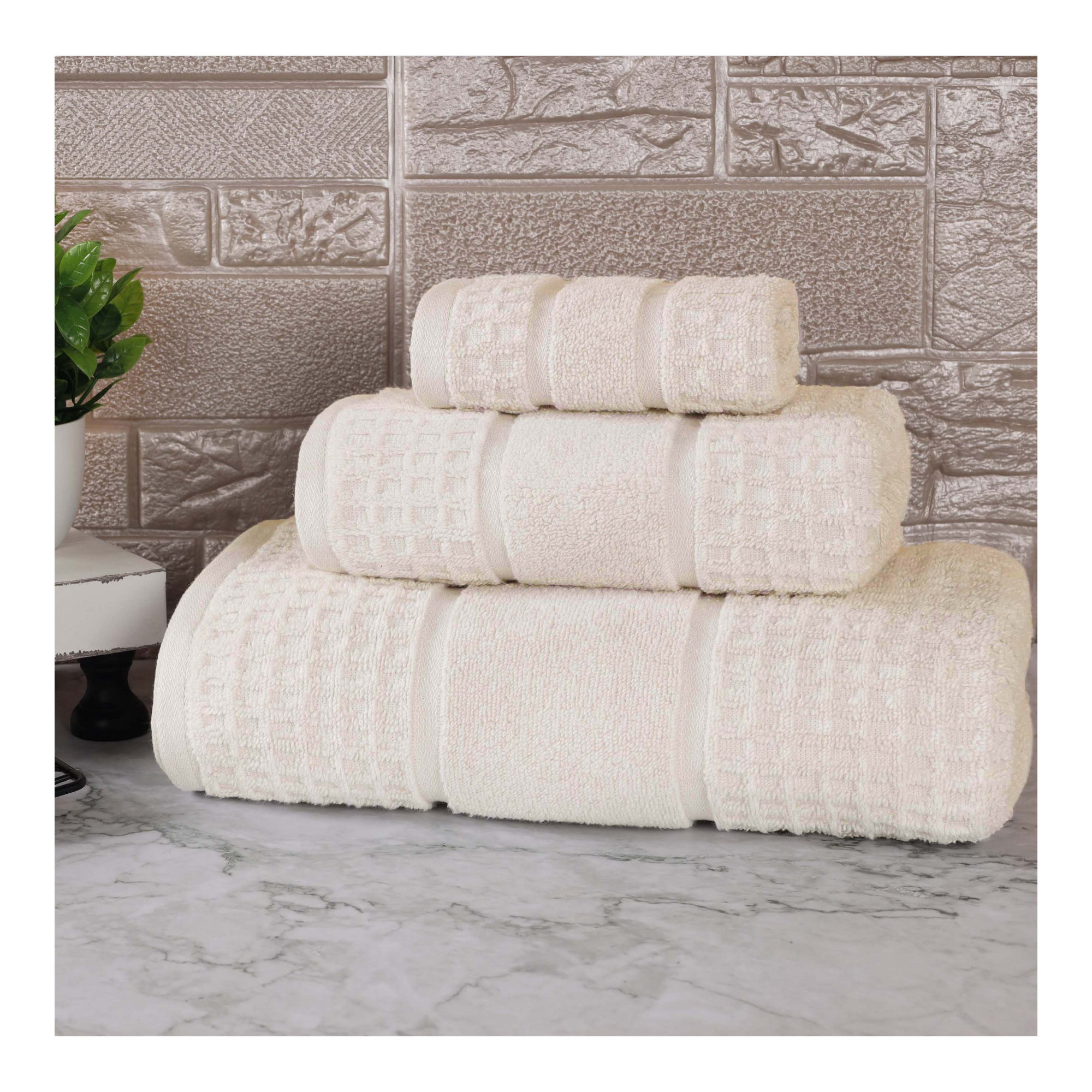 Hisela Zero Twist Cotton Solid Waffle Honeycomb Plush Soft Absorbent Medium Weight Assorted Towel Set, Ivory