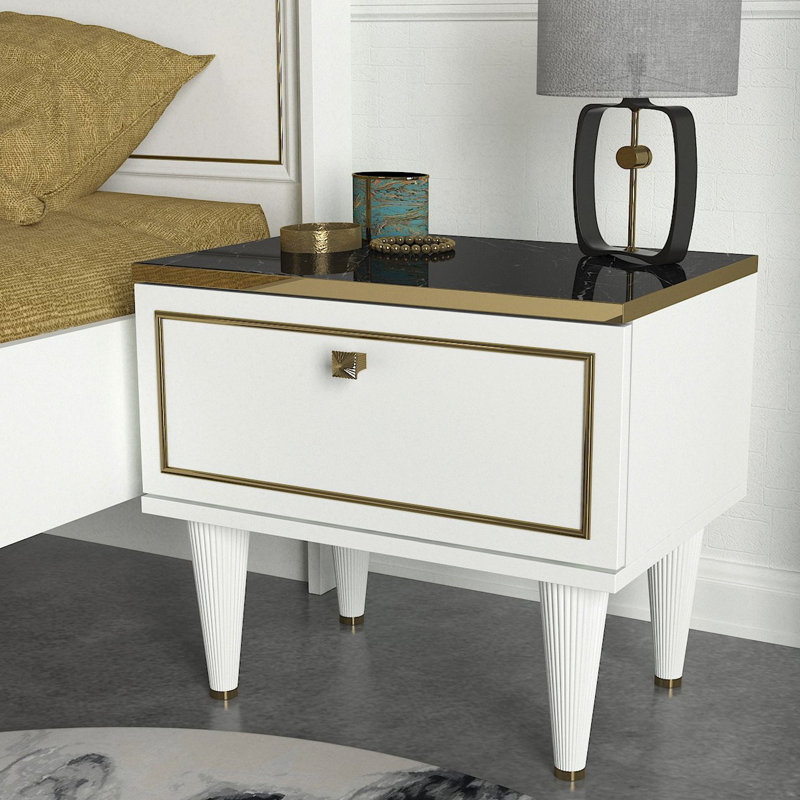 Table de chevet 1 tiroir Erick en blanc / noir / or