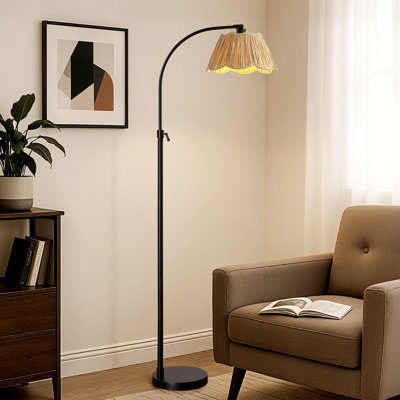 64'' Adjustable Black Boho Arched Floor Lamp With Handwoven Shade, Rotatable Reading Light And E26 LED Bulb Included