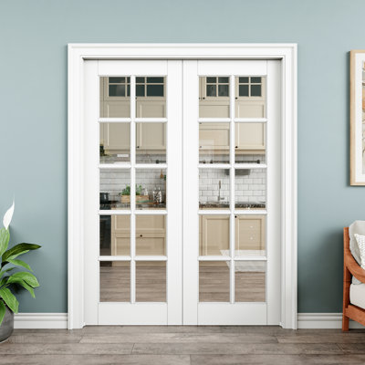 Interior Pocket Door 10-Lite Clear Glass Sliding Pocket Door Primed White Sliding Door With Hardware Kit Set
