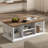 Coffee Table With Storage And Drawers,Rustic Rectangular Centre Table With Solid Wood Legs And Open Shelves,For Living Room,Office,Antique White