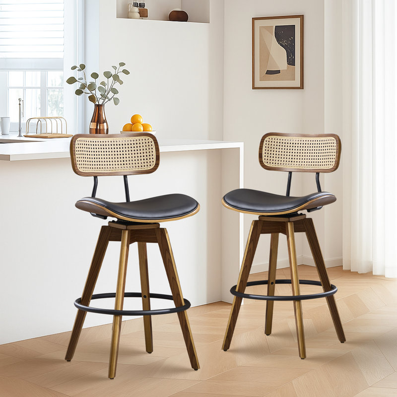 Color Swivel Upholstered Faux Leather Counter Stool with Solid Wood Frame, Black