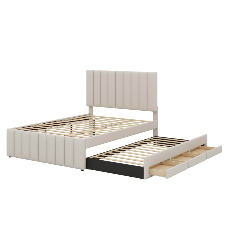 Lit plateforme tapissier avec lit gigogne escamotable, 3 tiroirs et tête de lit élégante en lin, Beige