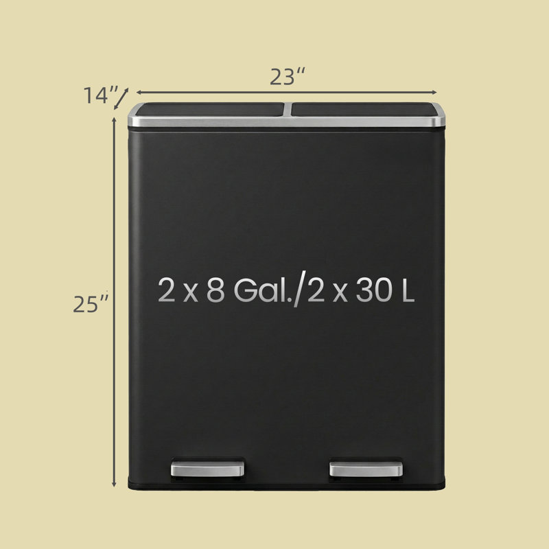 2 x 8 gallons en acier inoxydable multi-compartiments avec 15 sacs poubelles, Noir