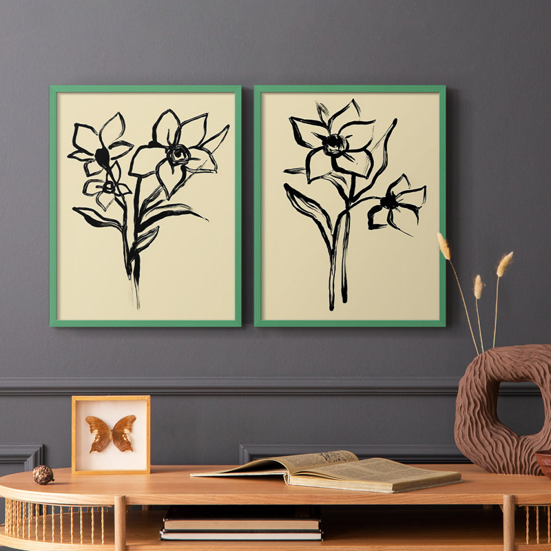 Encre florale I-Premium, impression encadrée - prête à être accrochée - aucun clou requis - aucun clou requis, Gris