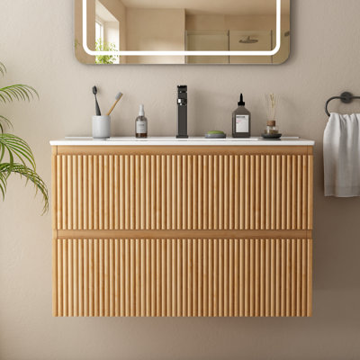 Meuble-lavabo mural simple avec lavabo en céramique et 2 tiroirs
