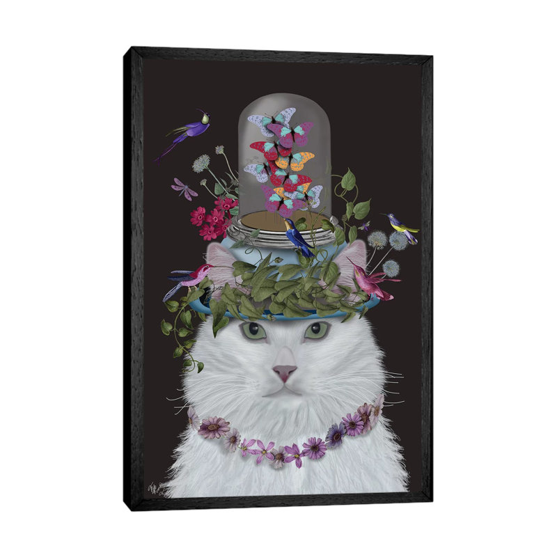 Cat with Butterfly Bell Jar III 1 Piece Single Picture Frame Wall Art on Canvas, 66.04 cm H x 45.72 cm W, Black Framed