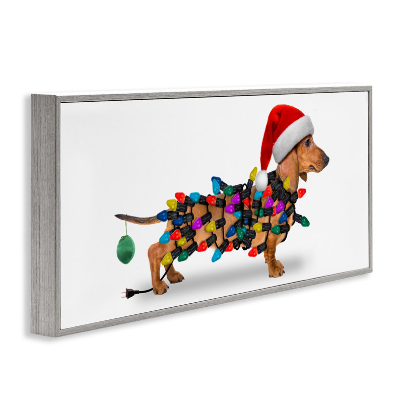 «Holiday Lights Dachshund», art de la giclée encadrée par John Hovenstine, H 13 po x l 30 po, Estampe numérique Farmhouse