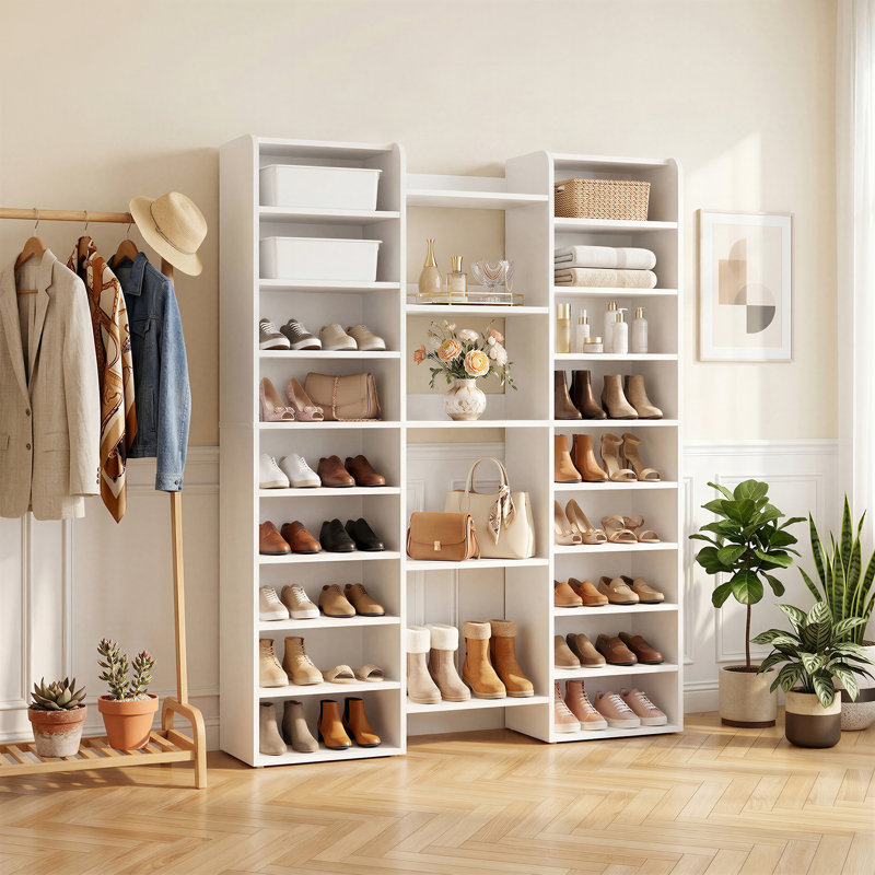 46 Pair Shoe Storage Cabinet ,Tall Shoe Rack With Open Shelves, White