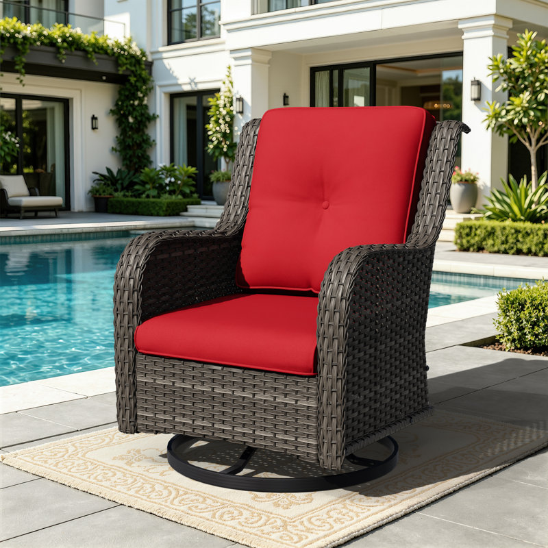 Pompidou Outdoor Rattan Swivel Chair with Cushions, Red
