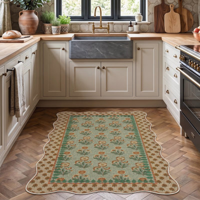 Tapis de patio extérieur festonné à motif floral facile en jute, tapis de cuisine antidérapants pour porte d'entrée