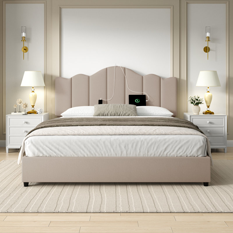 Beige Upholstered Platform Full Size Modern Bed Frame with Adjustable Headboard, Type-C & USB Charging Ports, Noise-Free Wood & Metal Structure, Sturdy Support up to 900lbs, No Box Spring Needed
